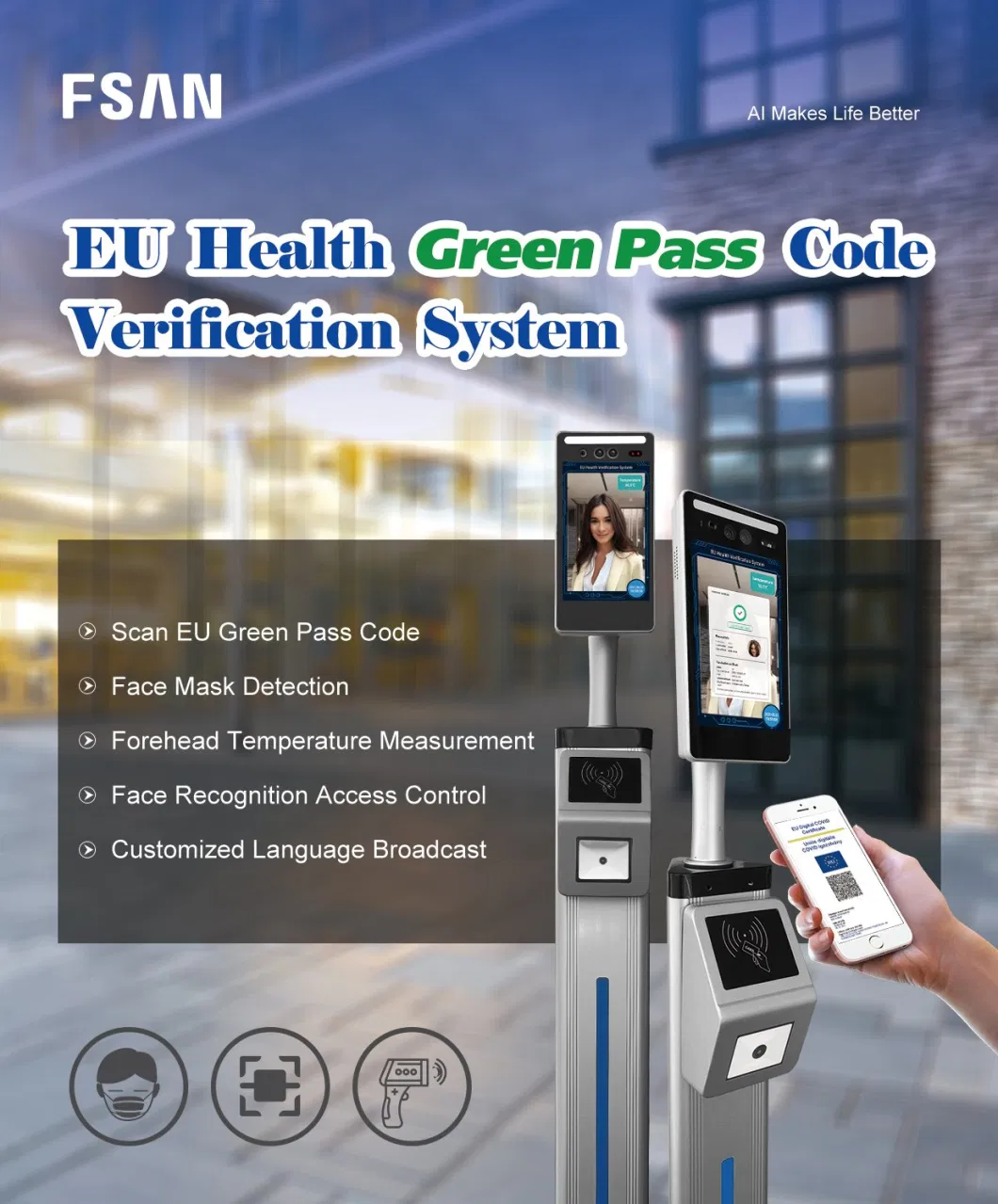 Fsan 7 Inch EU Health Green Pass Code Verification System Face Recognition Access Control Terminal Camera