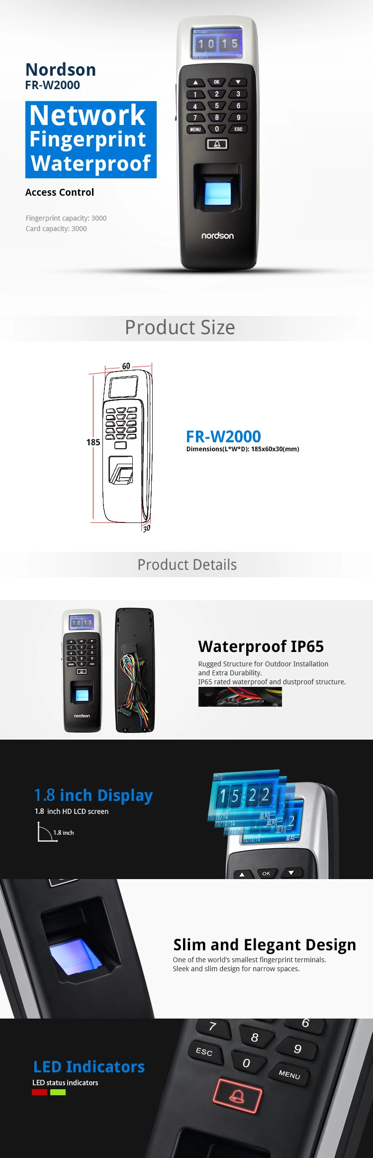 17 Languages Waterproof IP65 ID Card Biometric Network Fingerprint Reader with Access Control