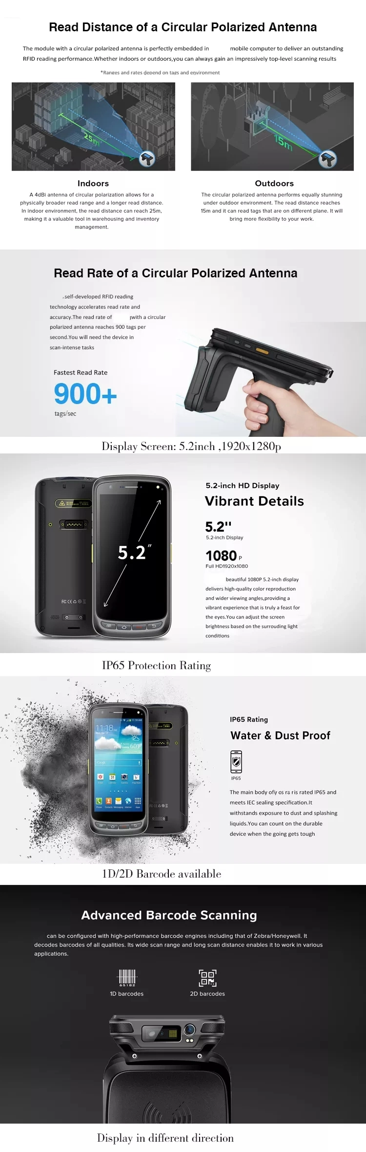 15 Meters Android 8.1 Impinj R2000 Long Range PDA UHF RFID Handheld Reader for Warehouse Inventory Handhelds with WiFi NFC Barcode GPS Camera UHF IP67
