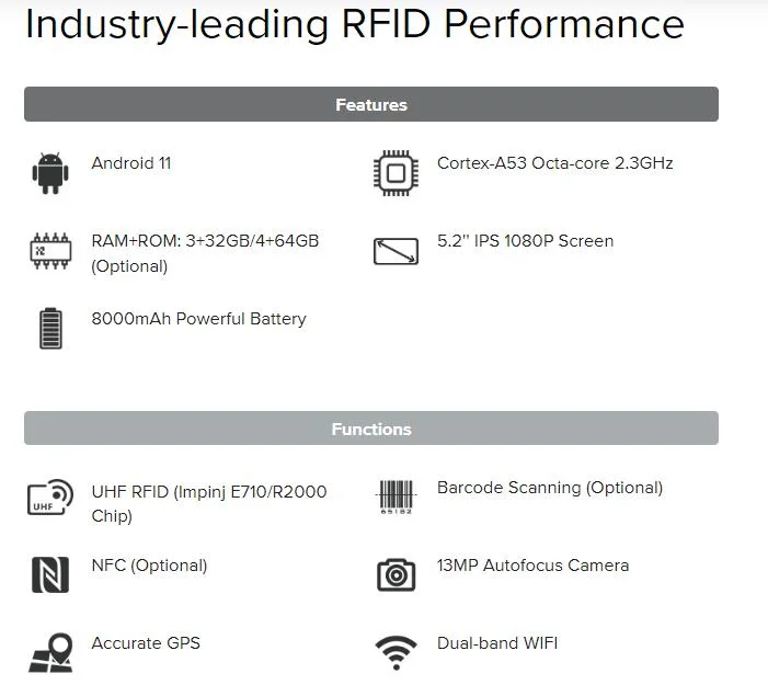 UHF RFID Handheld NFC Barcode Labels Tags Reader 860-960MHz 125kHz 13.56MHz