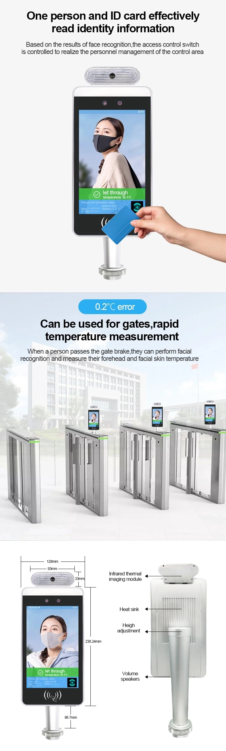 8&quot; Face Recognition System Biometric Time Attendance Door Turnstile Gate Access Control Facial Recognition Terminal with Temperacture Detection Thermometer