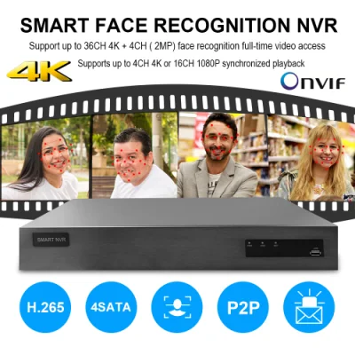 4K 36CH Face Recognition сетевой видеорегистратор 4 дисков SATA по стандарту ONVIF