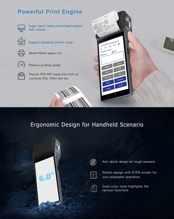 Loyverse Qualcomm Octa-Core Android 10.0 6 Inch 4G WiFi Bluetooth NFC Mobile Payment Handheld POS Terminal with 58mm Thermal Pritner Qr Code Scanner (Z300)