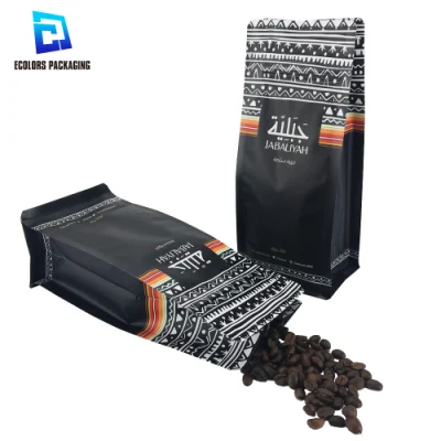  250g 500g 1kg Cutom Printed Food Grade Heat Seal Stand up Flat Bottom Side Gusset Pocket Zipper Laminated Plastic Ziplock Coffee Tea Bag with Valve