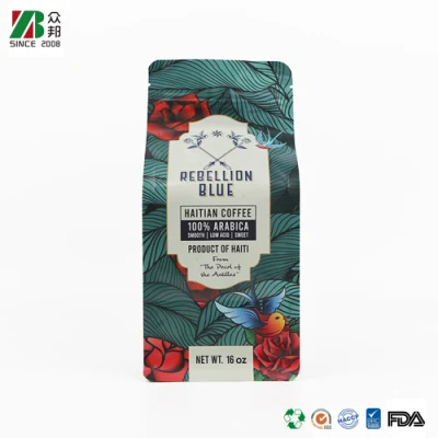 Custom printed compostable empty flat bottom coffee bags with valve and zipper for coffee bean/tea packaging