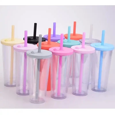 Factory Custom Logo Multi Color 24oz Double Wall Tumblers Plastic Boba Bubble Tea Reusable Cup with Straw