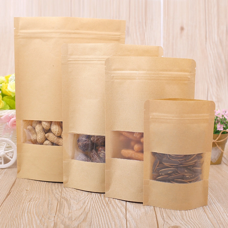 28 Micron Eco-Friendly Food Snack Nut Zipper Stand up Pouch Packaging Compostable Zip Lock Coffee Tea Kraft Paper Doypack Biodegradable Bag with Clean Window