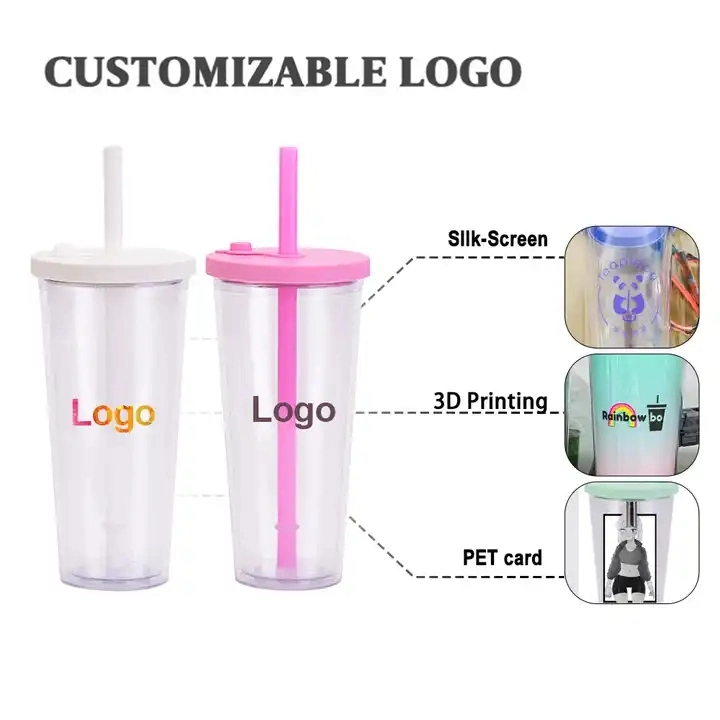 Factory Custom Logo Multi Color 24oz Double Wall Tumblers Plastic Boba Bubble Tea Reusable Cup with Straw