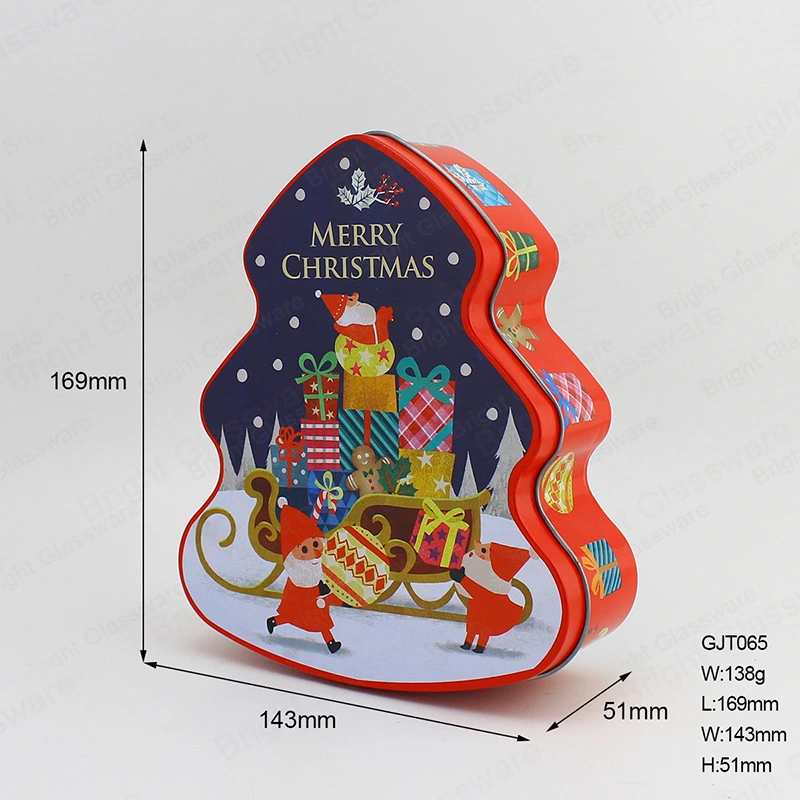 Christmas Festival Aluminum Tin Jar Tree Shape Traditional Design Aluminum Tin Jar with Print Pattern