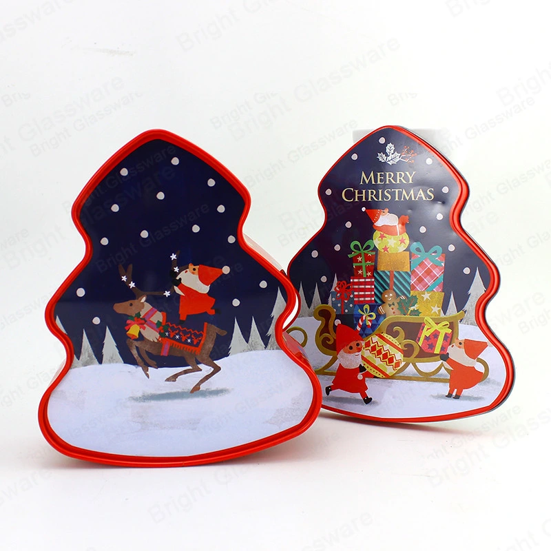 Christmas Festival Aluminum Tin Jar Tree Shape Traditional Design Aluminum Tin Jar with Print Pattern