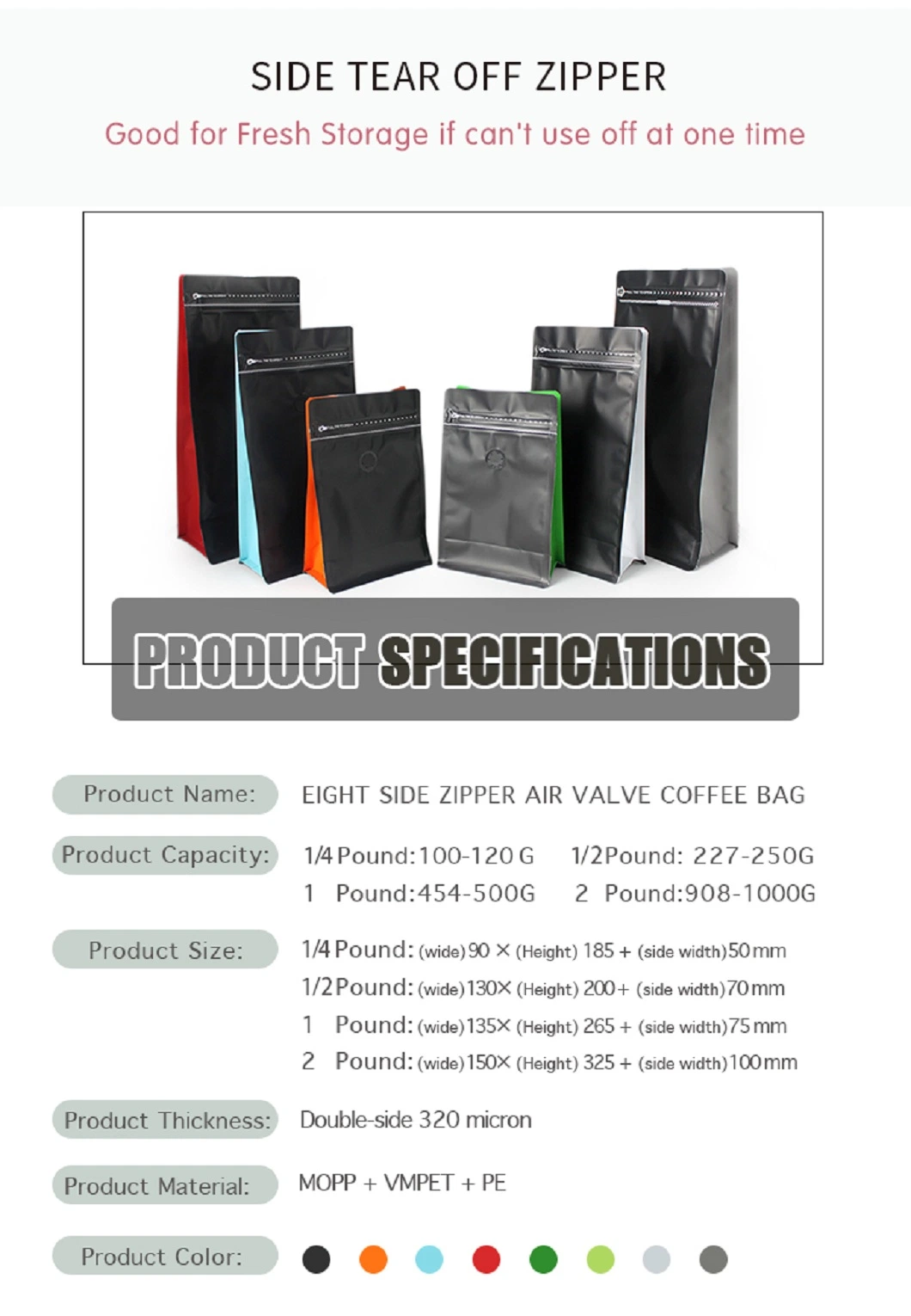 in Stock 8oz 16oz 1kg Plain Blank Flat Bottom Stock Bags with Valve and Zipper for Coffee Packaging