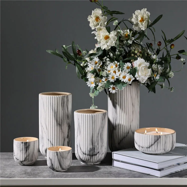 Modern Home Decoration Matte Cylinder Marble Tea Light Candle Container Decorative Candle Jars Ceramic Candle Jar