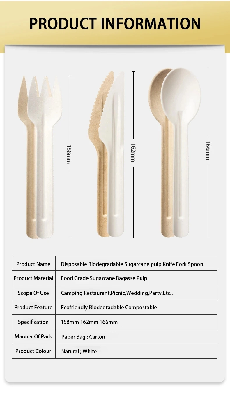 100% Disposable Biodegradable Sugarcane Pulp Bagasse Spoon Forks Knives Sets Sugarcane Bagasse Cutlery