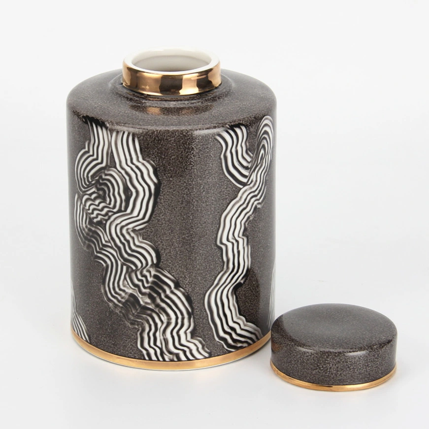 J025 Modern Fashion Porcelain Smudging Ink Pattern Decor Jar Vase Set Scandinavian Home Decoration Ceramic Black Tea Jar