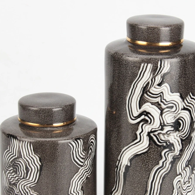 J025 Modern Fashion Porcelain Smudging Ink Pattern Decor Jar Vase Set Scandinavian Home Decoration Ceramic Black Tea Jar