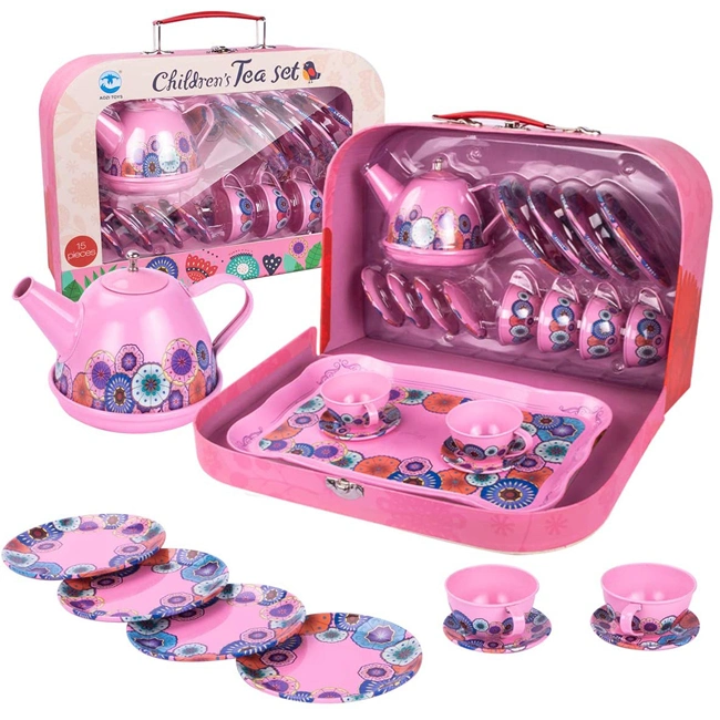 Tinplate Afternoon Tea Set Pretend Play Kitchen Toys Emulational Little Girls Party Birthday Gift Tea Set Tin Toy