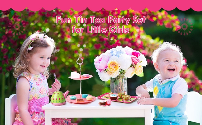 Tinplate Afternoon Tea Set Pretend Play Kitchen Toys Emulational Little Girls Party Birthday Gift Tea Set Tin Toy