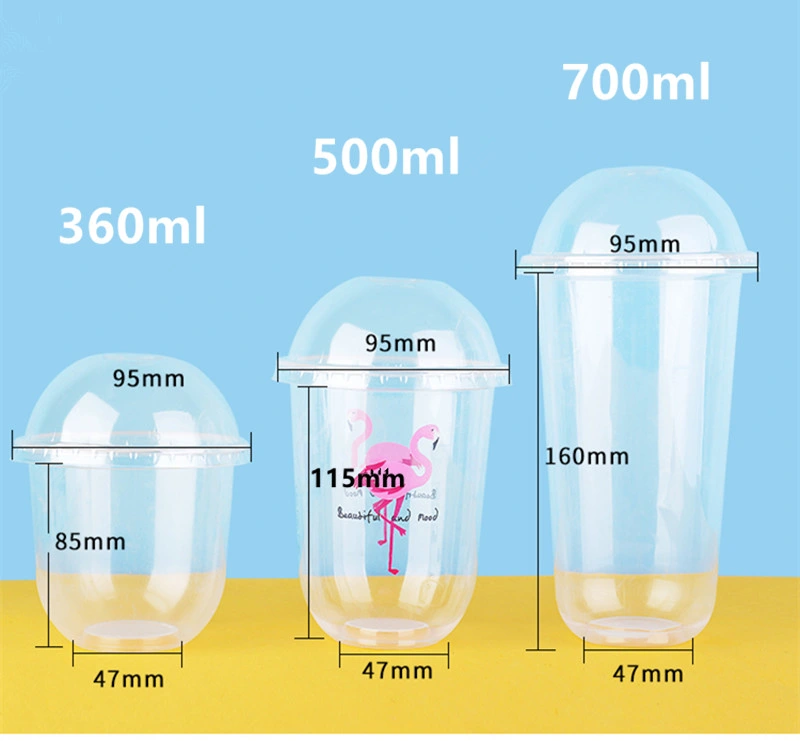 Creative Transparent Disposable Tea Cup 360/500/700ml Cute U Shape Juice Milk Tea Coffee Cold Drink Packaging Cups with Lid