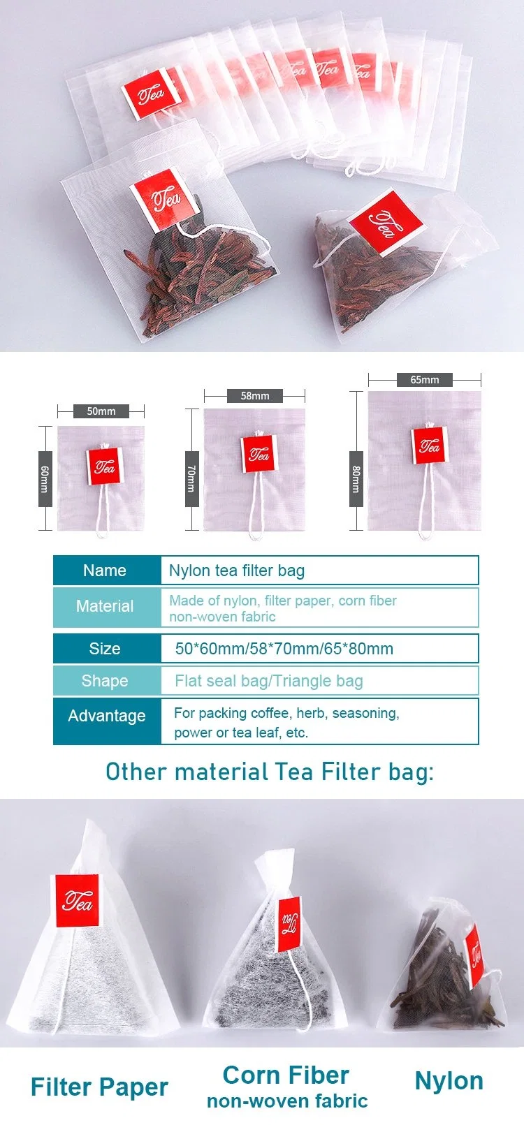 Wholesale Nylon Triangle Mesh Pyramid Heat Seal Empty Tea Bag with String and Label