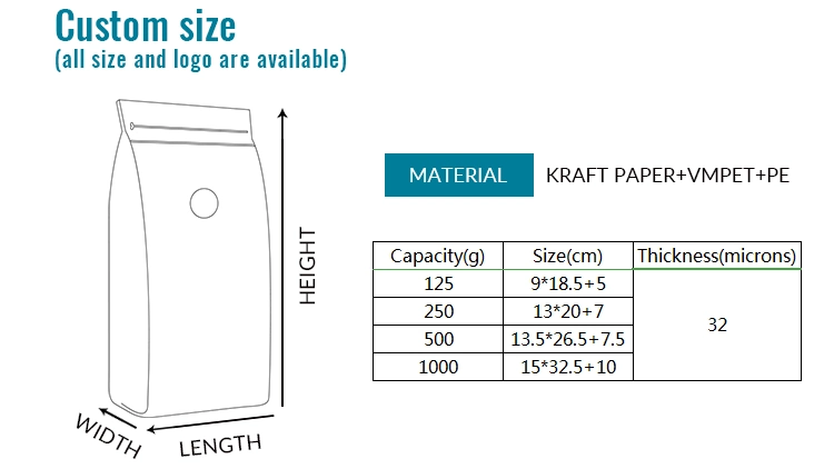 Coffee Packaging Quad Seal Side Gusset Pouch, Stand up Coffee Aluminum Foil Flat Bottom Pouch with Valve