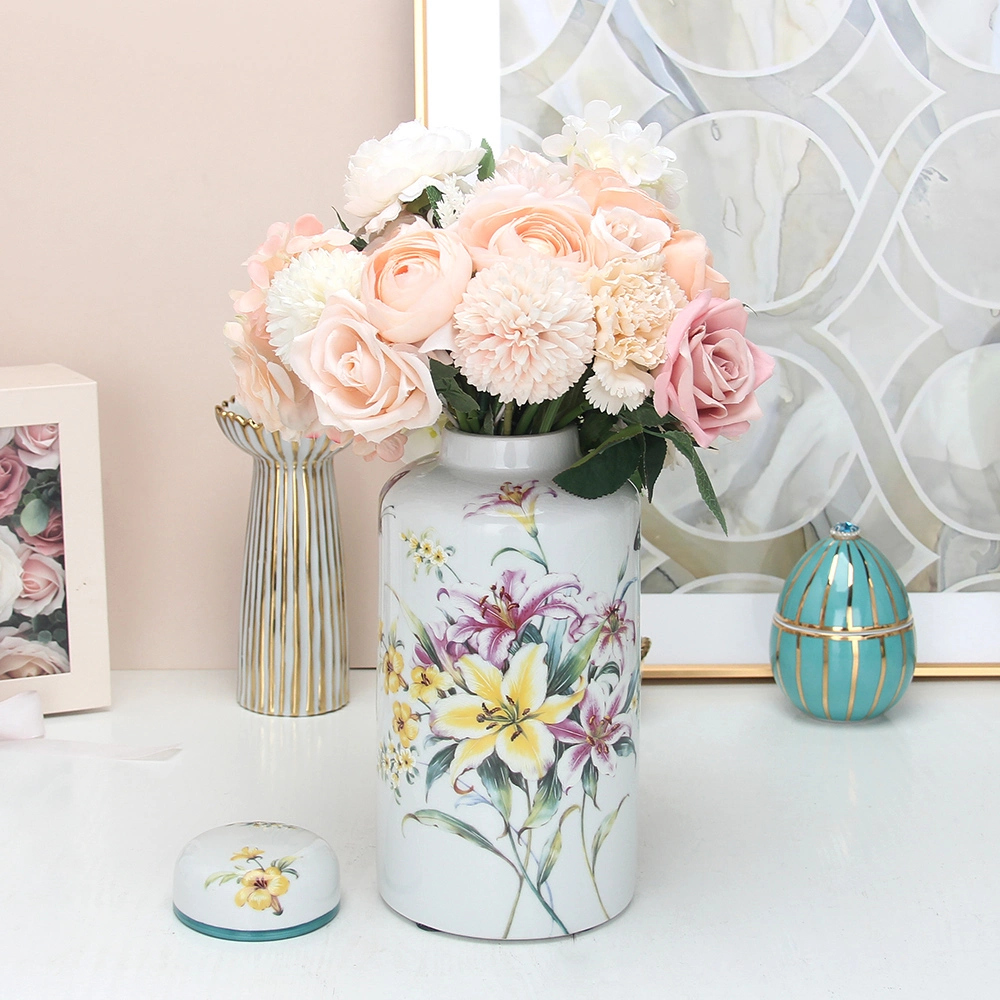 J043 Modern Porcelain Lily Pattern Tea Jar Canister Ceramic Cylinder White Flower Decor Jar with Lid