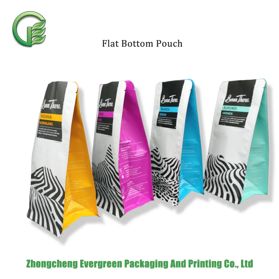 Multi Color Matt Rotogravure Printing Plastic Organic Food Packaging Pouch Coffee Tea Packaging Ziplock Quad Seal Flat Bottom Doypack Stand up Bags