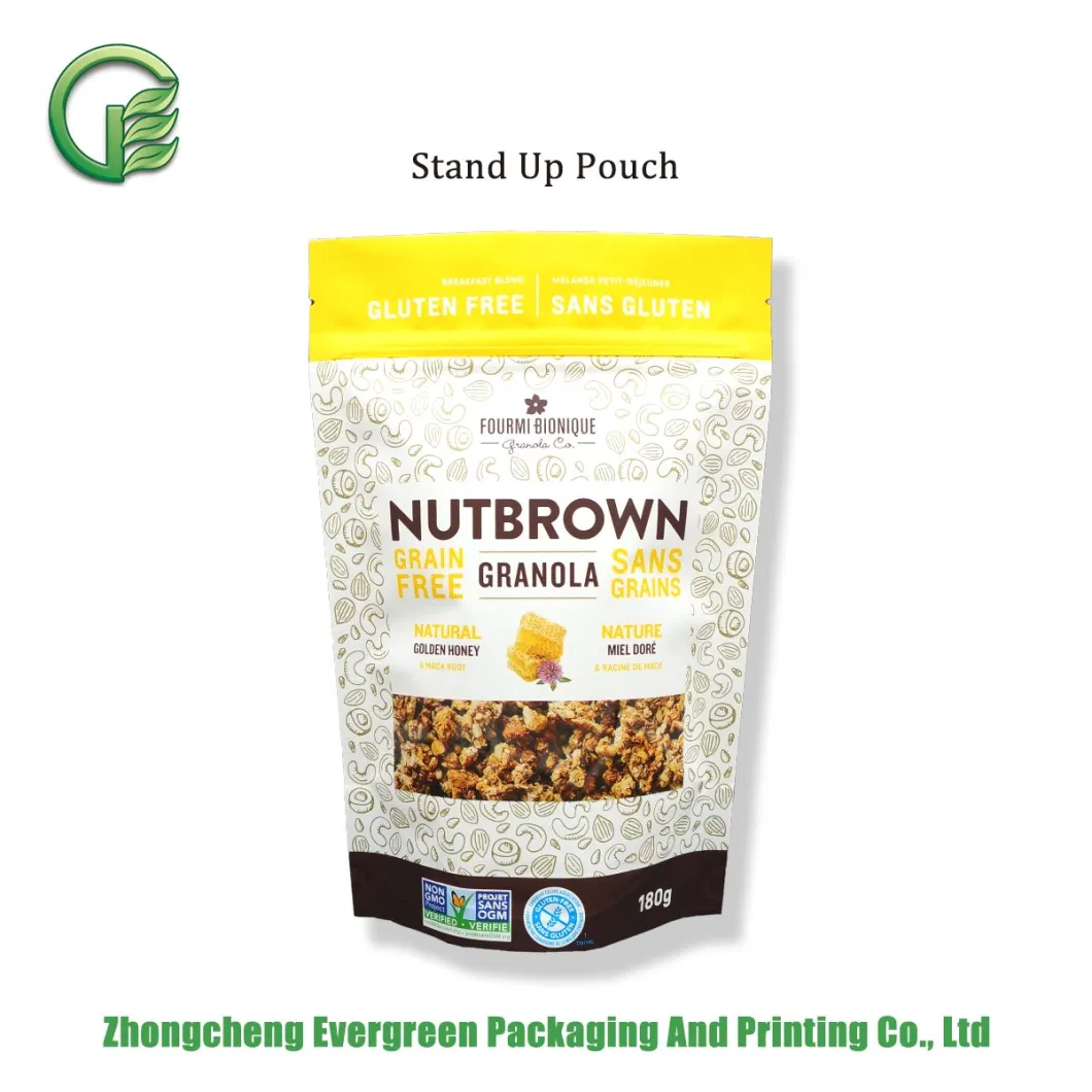 Healthy Organic Natural Food Granola Cereal Dried Frutis Nuts Matte Gloss Color Resealable Zipper Anti-Static Laminated Plastic Flexible Stand up Packaging Bag
