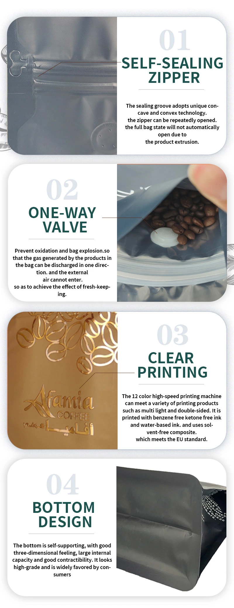 Custom Printing Biodegradable Flat Bottom Heat Seal One Way Valve Packaging Plastic Tea Bags for Coffee Tea Packaging