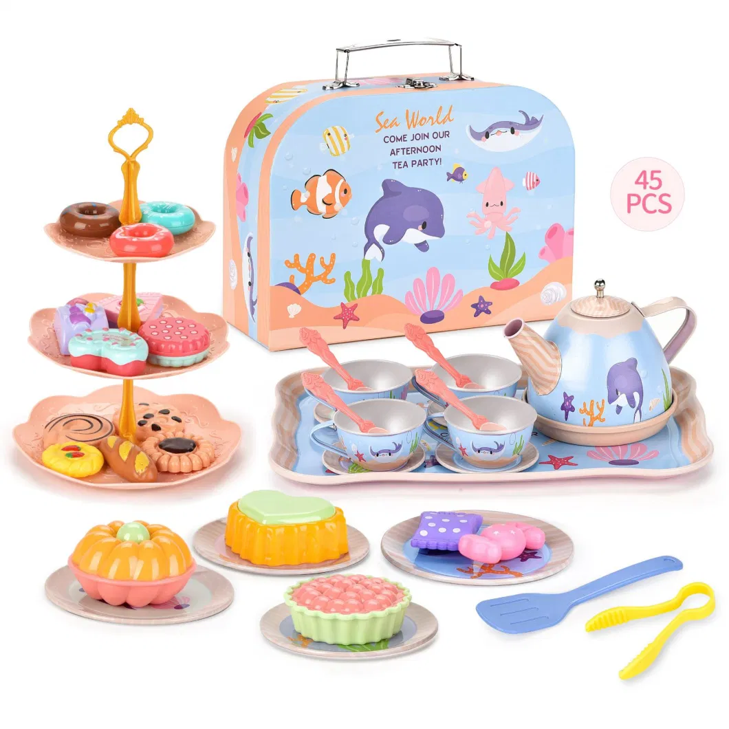 New Tea Party Set for Little Girls Boys Dinosaur Toys for Girls Elsa Princess 48 Pack Kids Kitchen Pretend Toy with Tin Tea Set Desserts &amp; Carrying Case Gift