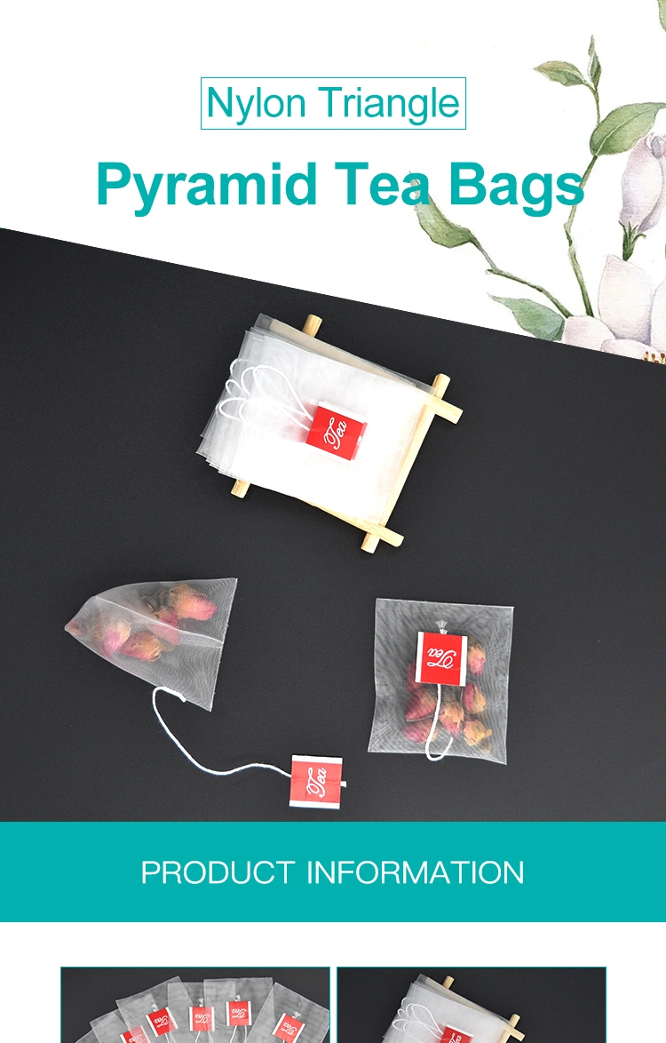 65X 80mm Pyramid Nylon Tea Bag with Cord and Label