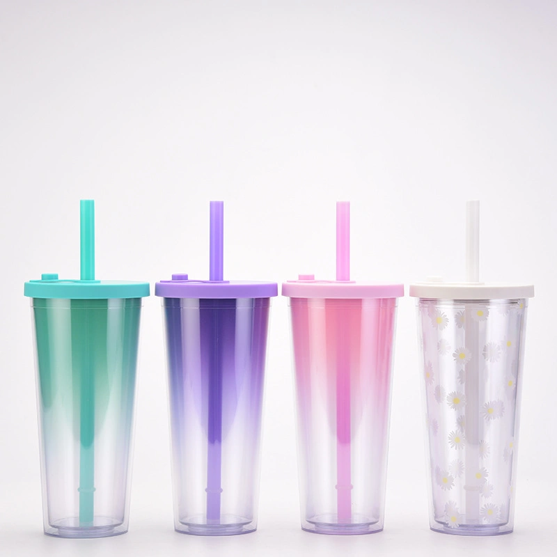 Factory Custom Logo Multi Color 24oz Double Wall Tumblers Plastic Boba Bubble Tea Reusable Cup with Straw