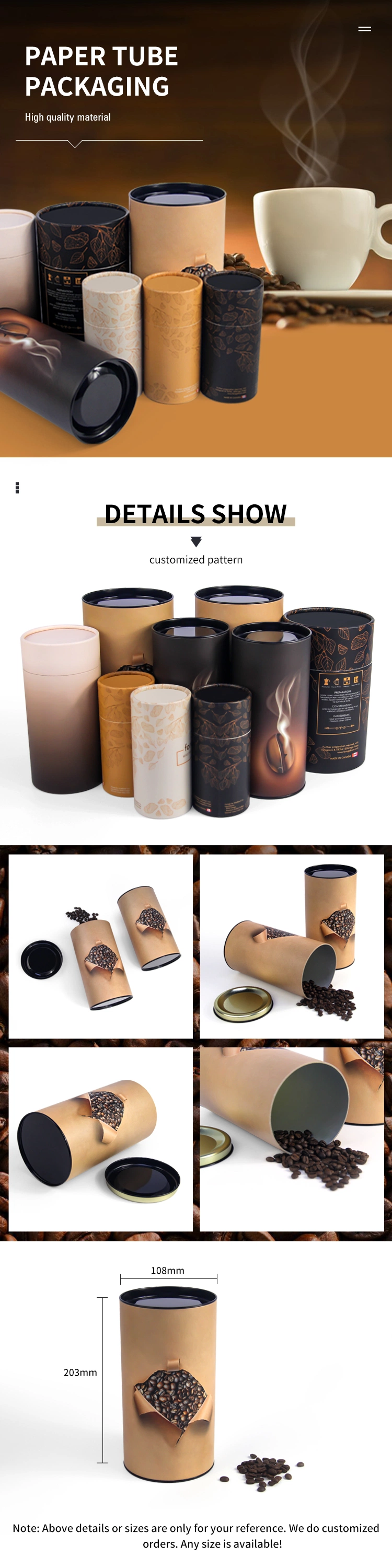 Firstsail Cylinder Shape Gift Food Box Packaging Tube Round Christmas Chocolate Tea Coffee Bean Tin Paper Can with Metal Lid