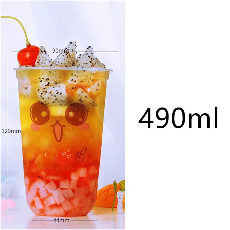 Cute Expression Pattern 90 Caliber High Transparent Disposable Plastic Cup Milk Tea Juice Beverage Packaging Cups