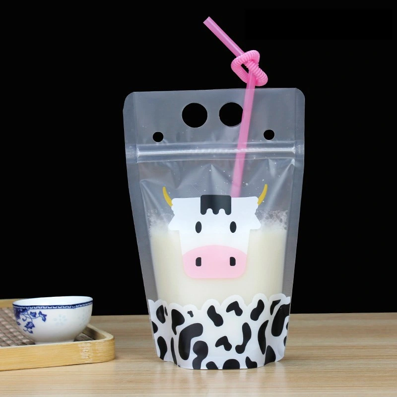 Printed Juice Soda Milk Tea Liquid Stand up Packaging with Straw Clear Drink Pouches