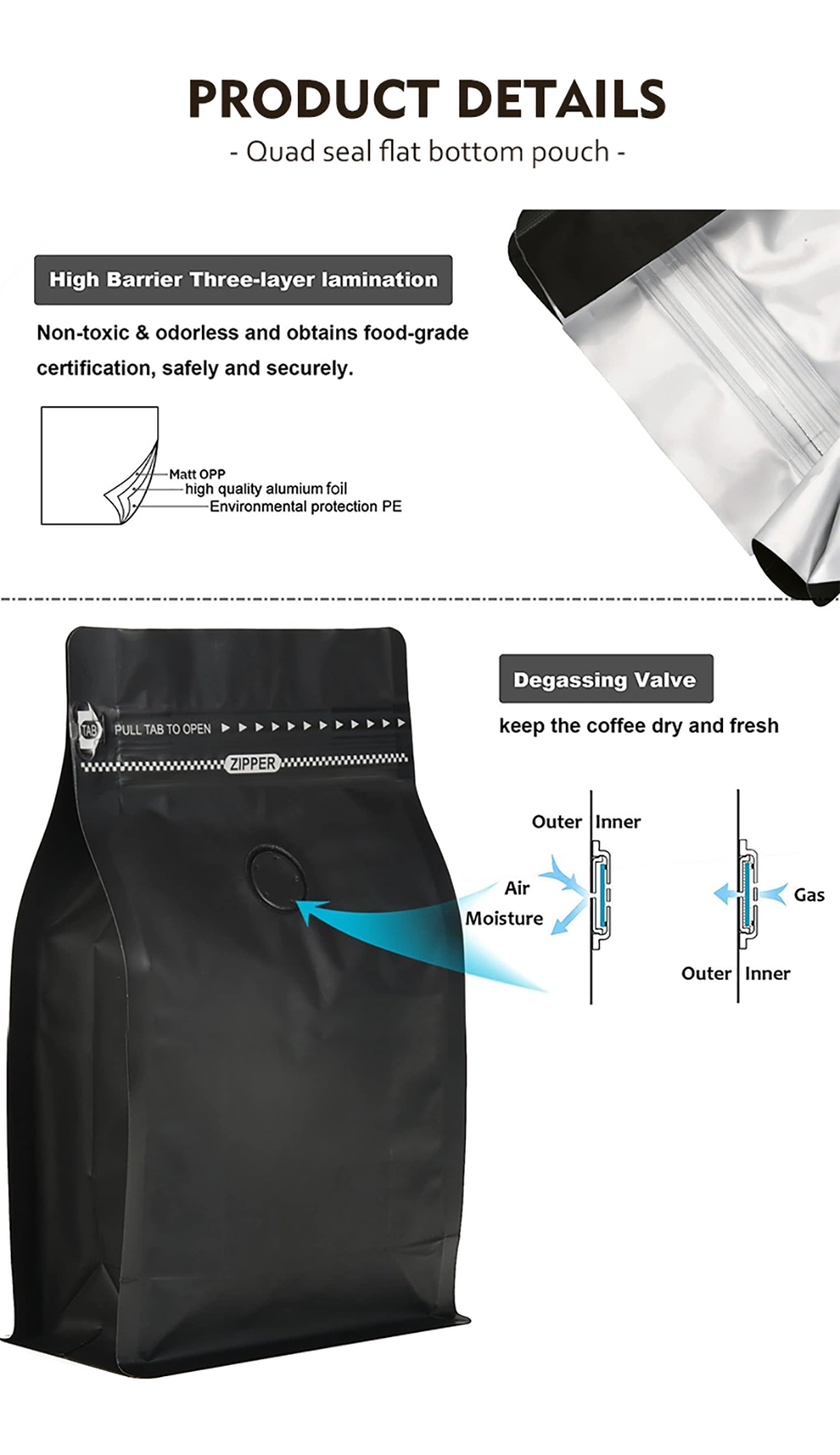 Custom Printing Compostable Tea Coffee Bag Flat Bottom Stand up Pouch