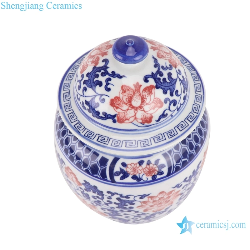 Jingdezhen Blue and White Porcelain Twisted Cluster Red Flower Ceramic Tea Pot Ginger Jars