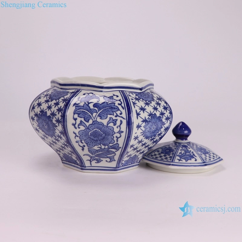 Rxae-Yyh19-031b Low Price Beautiful Blue White Floral Pattern Octangle Shape Ceramic Jar