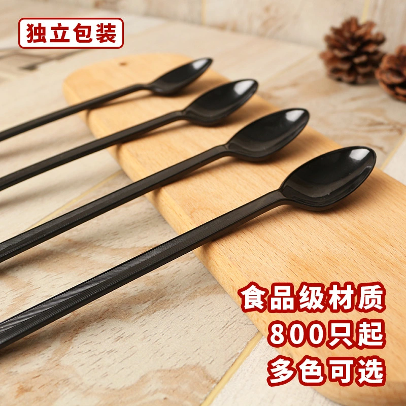 Disposable Spoon Simple PS Plastic Black Long Handle Spoon Milk Tea Burning Fairy Grass Tableware Takeaway Packaged Long Ice Soup (TU-122)