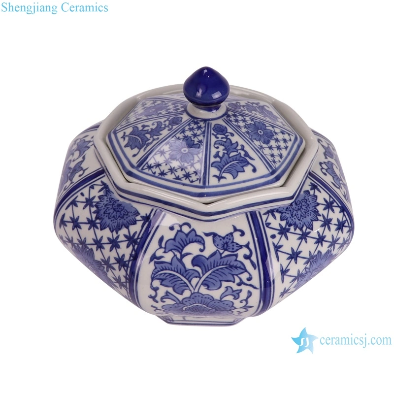 Rxae-Yyh19-031b Low Price Beautiful Blue White Floral Pattern Octangle Shape Ceramic Jar