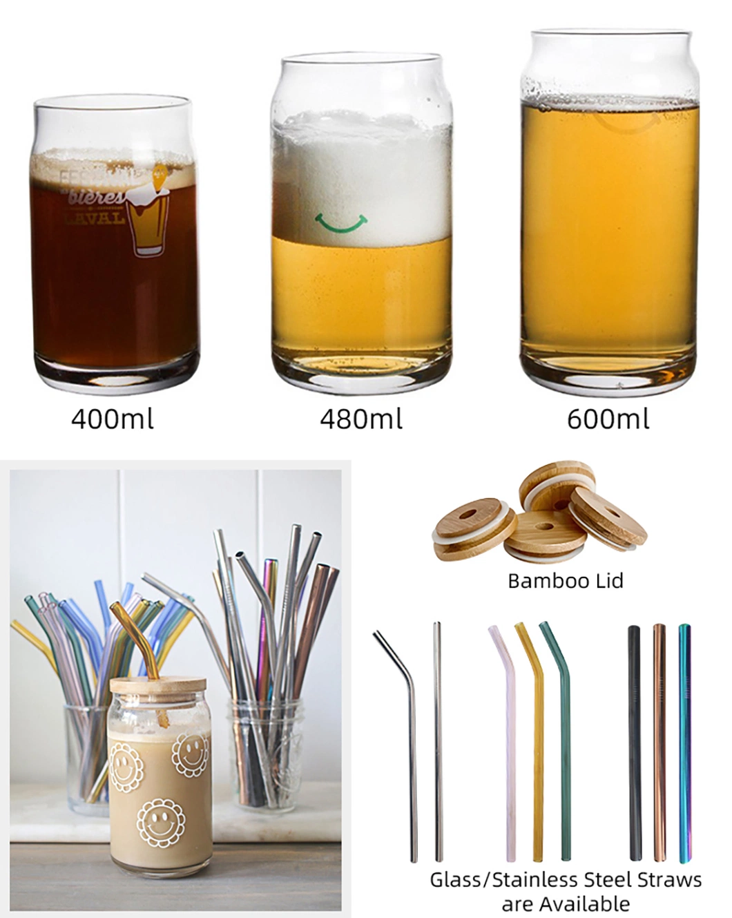 Amazon Hot Sale Drinking Glasses 6 PCS 16oz Soda Can Shaped Glass Cups Set with Straw for Smoothie Boba Tea Whiskey Water Iced Coffee