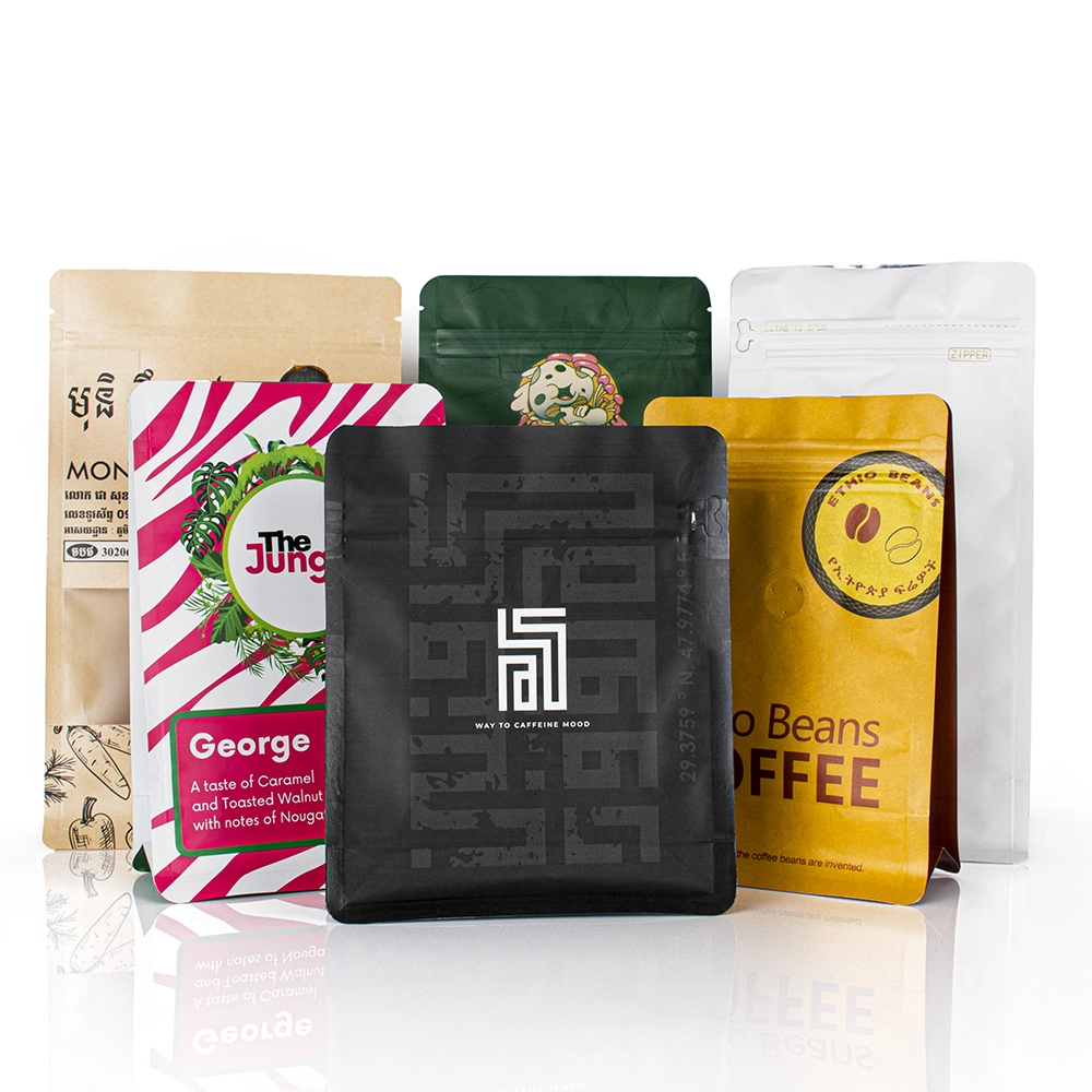 1kg Resealable Customized Kraft Bags Valve and with Zipper Coffee Bean Bag