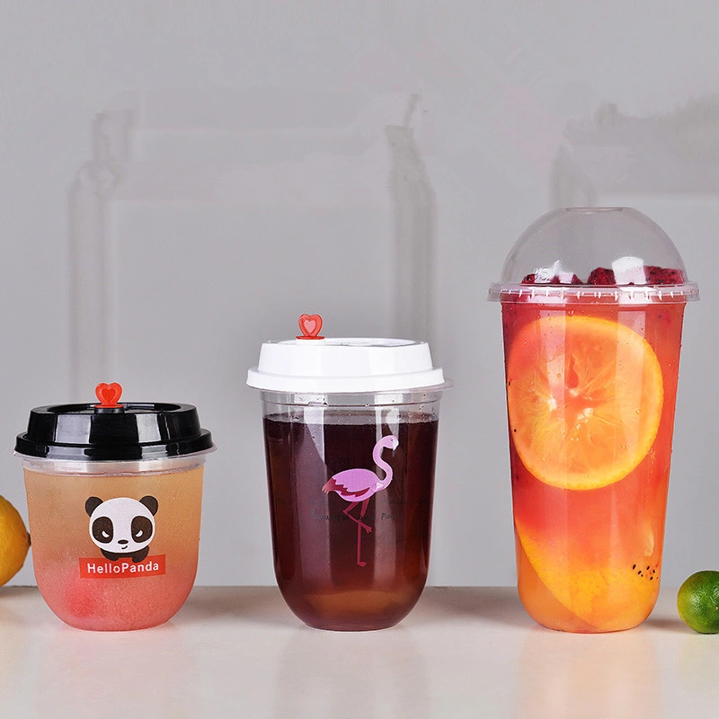 Creative Transparent Disposable Tea Cup 360/500/700ml Cute U Shape Juice Milk Tea Coffee Cold Drink Packaging Cups with Lid