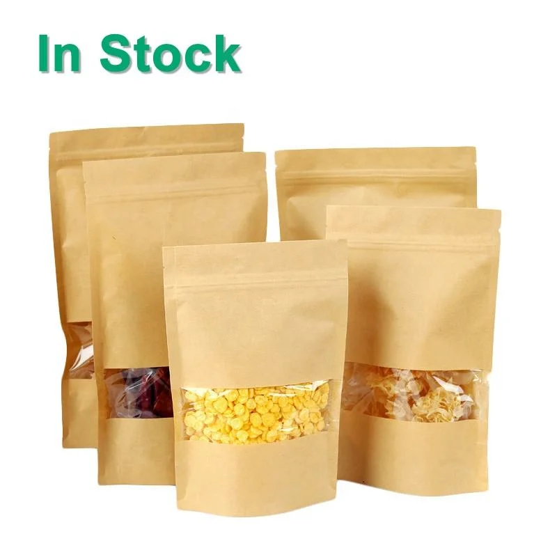 Stand up Zipper Brown Kraft Paper Resealable Ziplock Heat Sealable Food Storage Doypack Packaging Pouches Bag with Clear Window