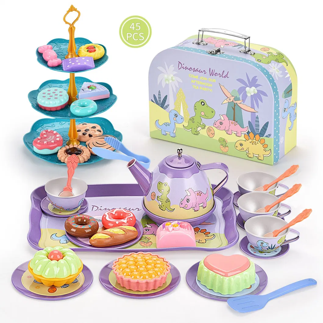 New Tea Party Set for Little Girls Boys Dinosaur Toys for Girls Elsa Princess 48 Pack Kids Kitchen Pretend Toy with Tin Tea Set Desserts &amp; Carrying Case Gift