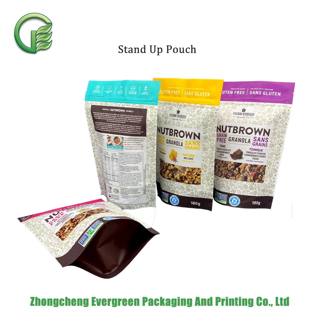Healthy Organic Natural Food Granola Cereal Dried Frutis Nuts Matte Gloss Color Resealable Zipper Anti-Static Laminated Plastic Flexible Stand up Packaging Bag