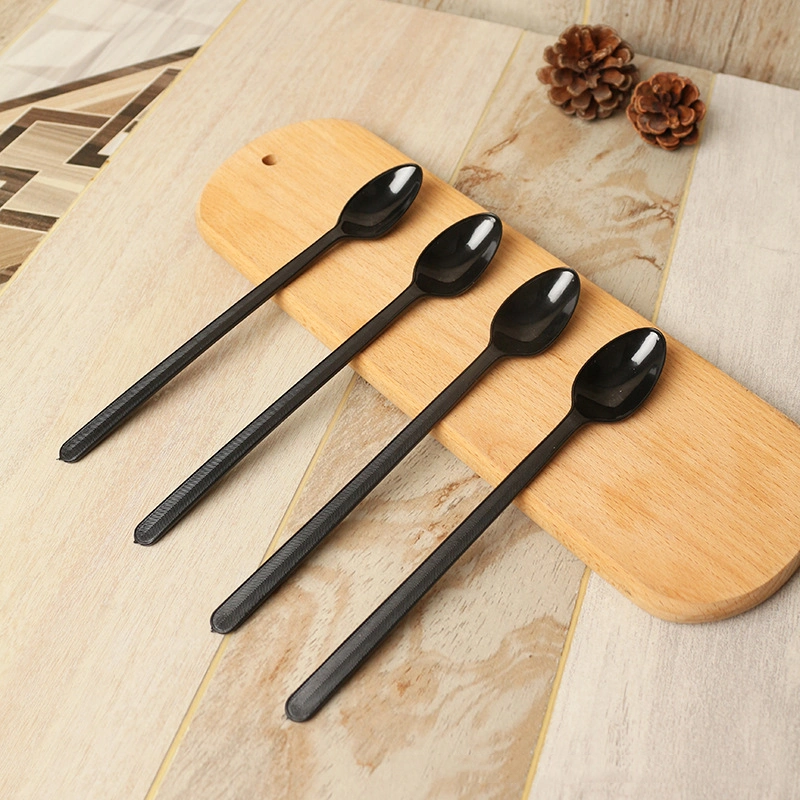 Disposable Spoon Simple PS Plastic Black Long Handle Spoon Milk Tea Burning Fairy Grass Tableware Takeaway Packaged Long Ice Soup (TU-122)