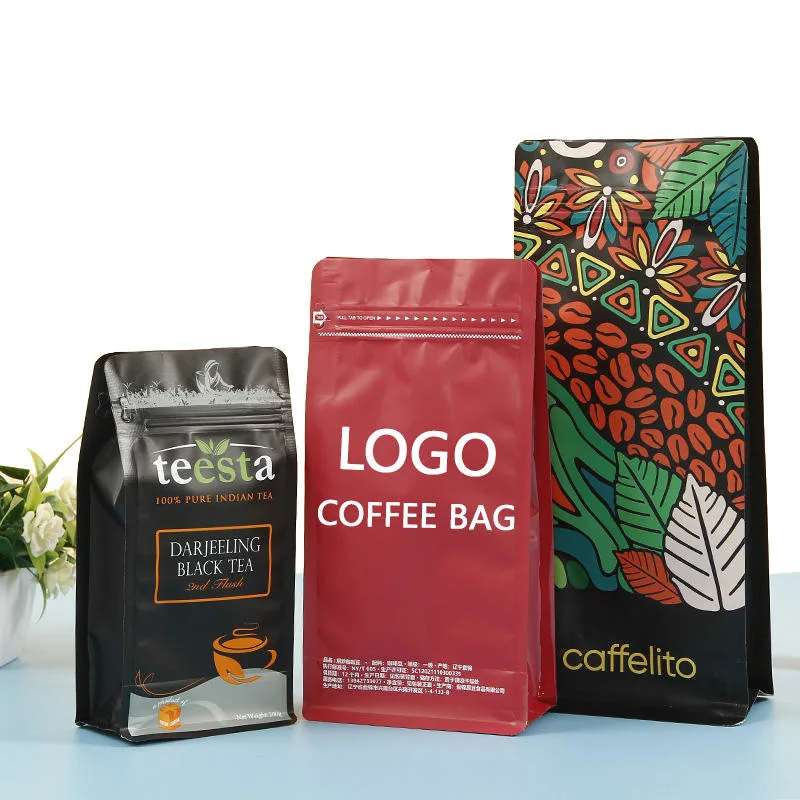 Custom Printed Aluminum Foil Food Drip Filter Stand up Packaging Flat Bottom Zipper Bean Tea Coffee Bag with Valve and Zipper Popular