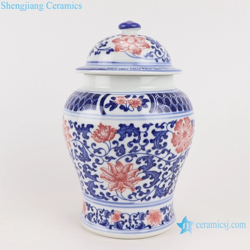 Jingdezhen Blue and White Porcelain Twisted Cluster Red Flower Ceramic Tea Pot Ginger Jars