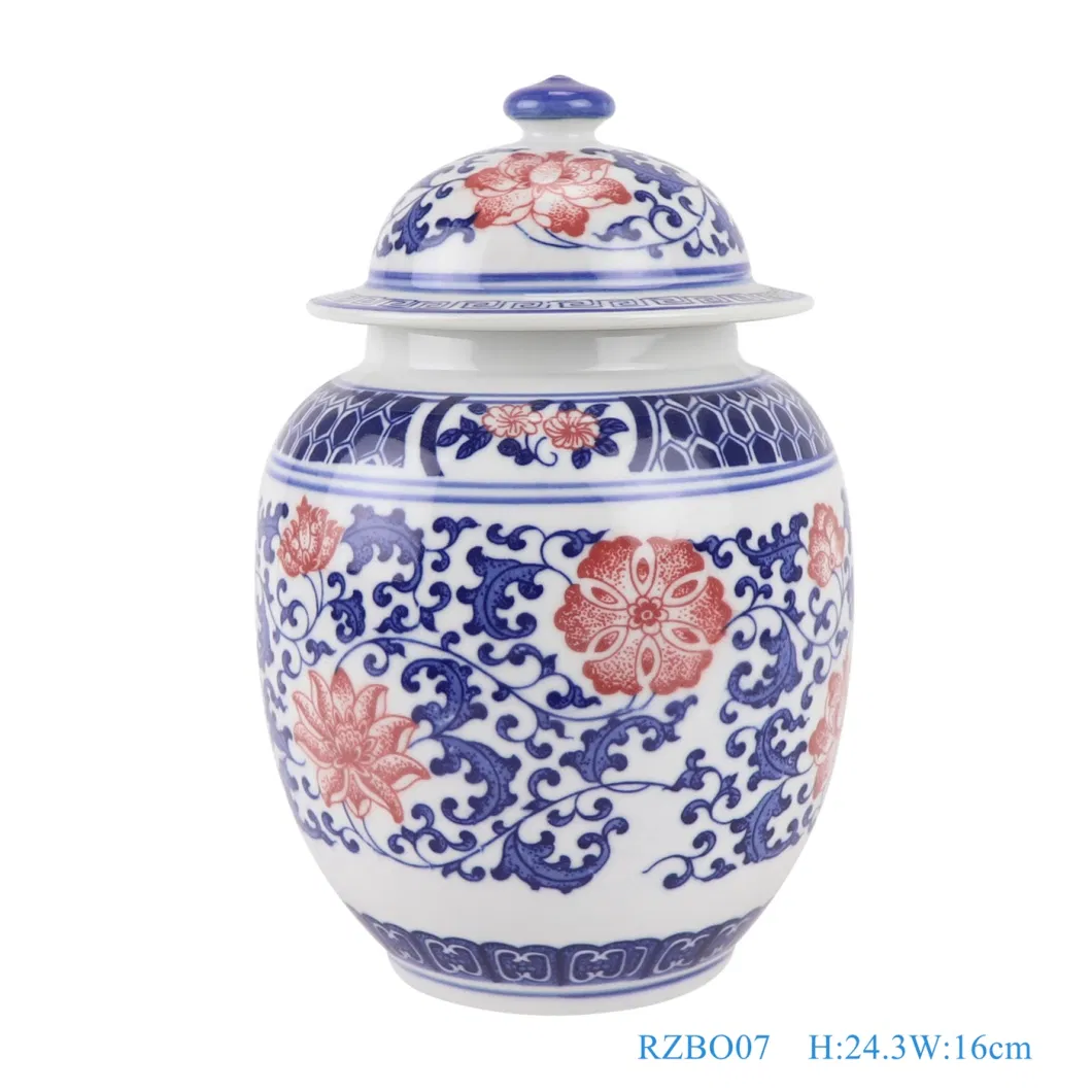 Jingdezhen Blue and White Porcelain Twisted Cluster Red Flower Ceramic Tea Pot Ginger Jars