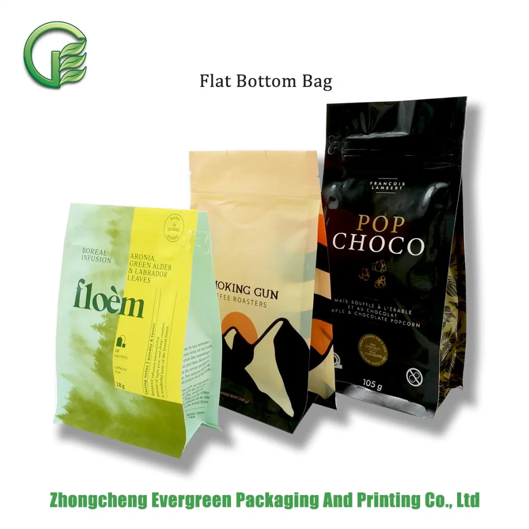 Multi Color Matt Rotogravure Printing Plastic Organic Food Packaging Pouch Coffee Tea Packaging Ziplock Quad Seal Flat Bottom Doypack Stand up Bags